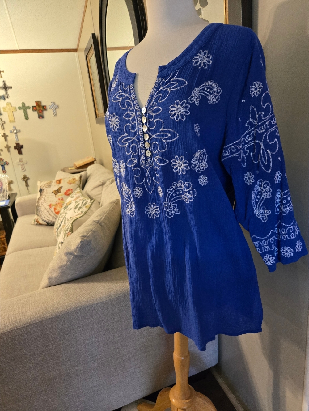 Multiples:Blue Embroidered V-Neck Women’s Top